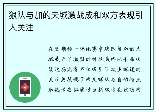 狼队与加的夫城激战成和双方表现引人关注